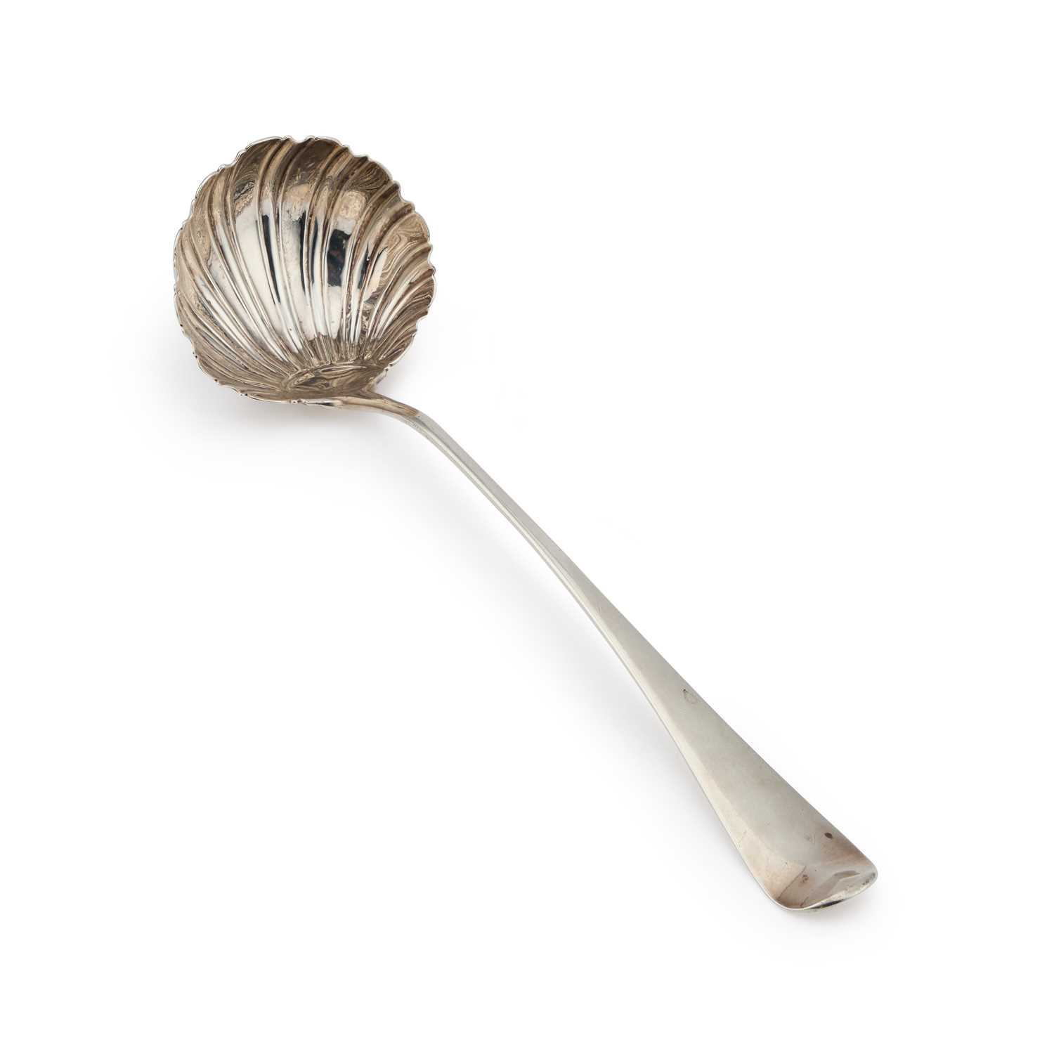 AN 18TH CENTURY SILVER SOUP LADLE BEARING THE ROYAL CREST