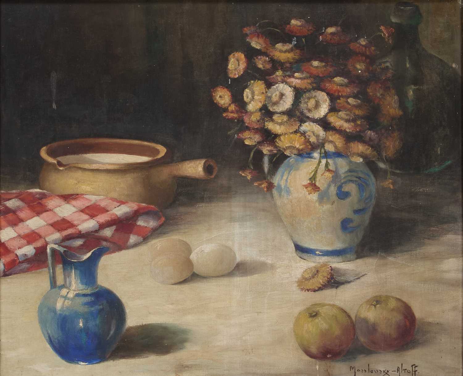 MASSLOUSKY ALTOFF (20TH CENTURY) STILL LIFE WITH FLOWERS, EGGS AND FRUIT