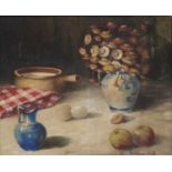 MASSLOUSKY ALTOFF (20TH CENTURY) STILL LIFE WITH FLOWERS, EGGS AND FRUIT