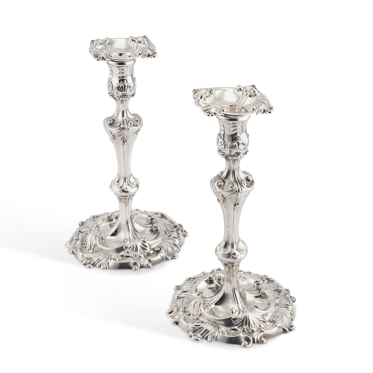 A FINE PAIR OF GEORGE II CAST SILVER CANDLESTICKS