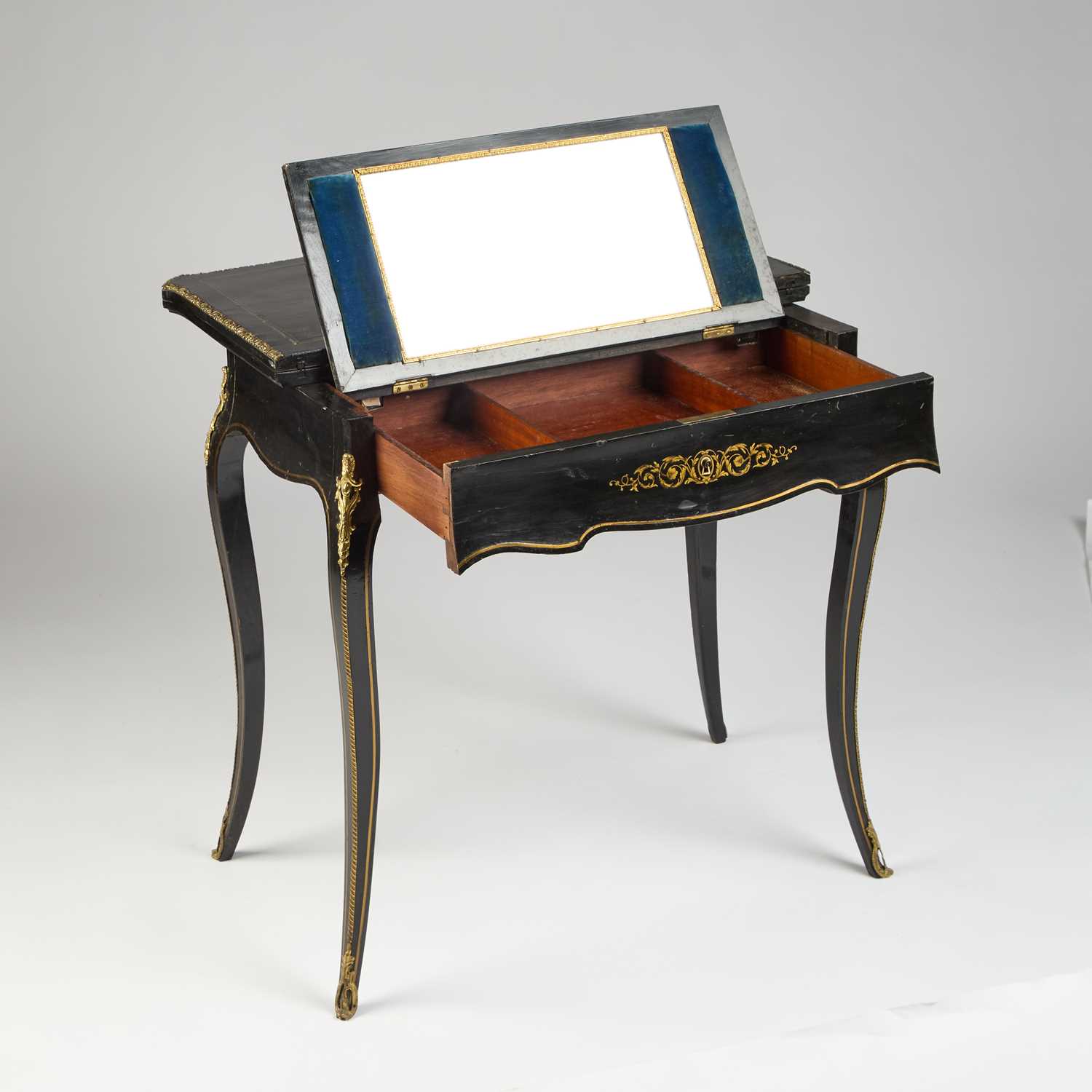 A NAPOLEON III BRASS-INLAID EBONISED LADIES DRESSING TABLE-CUM-GAMES TABLE - Image 4 of 13