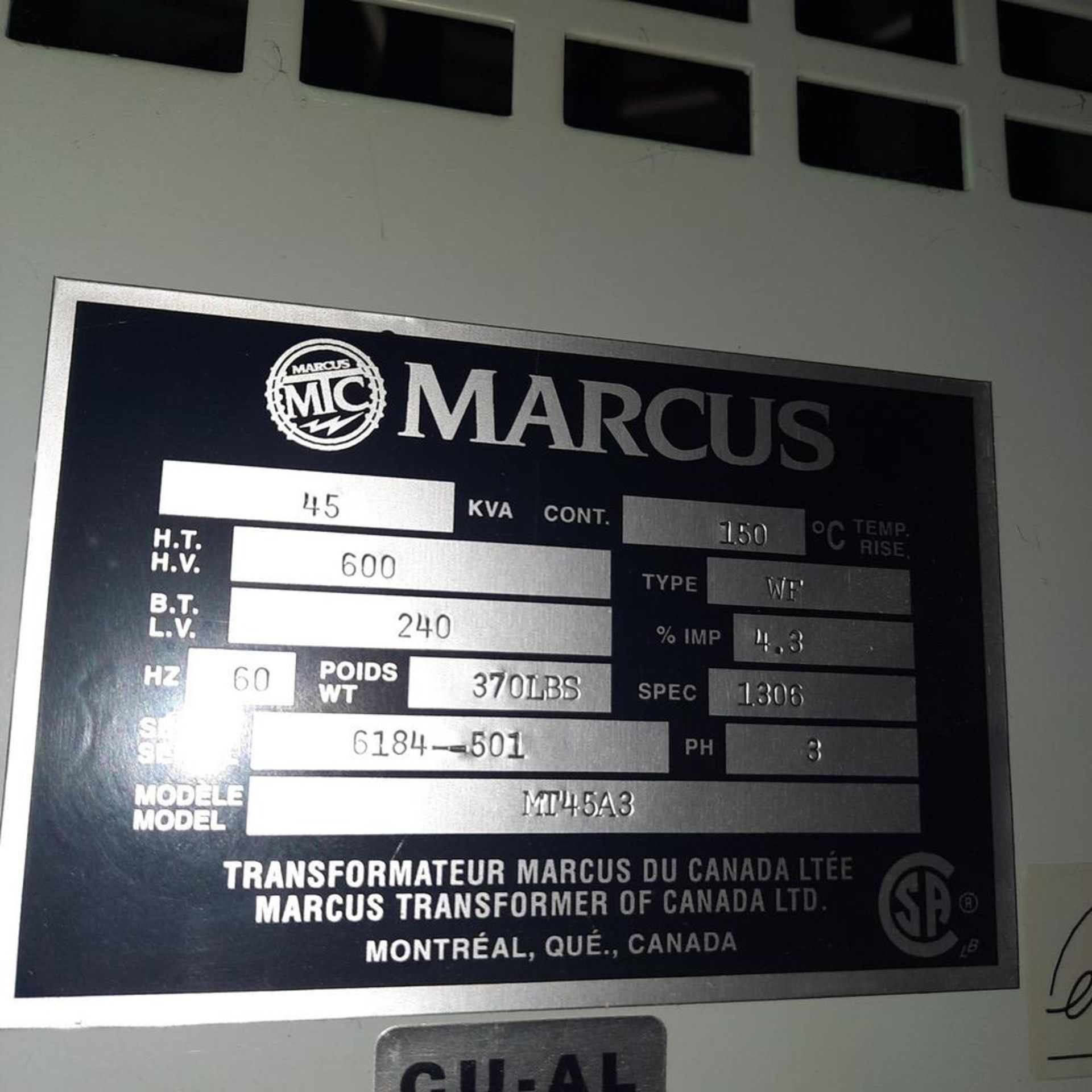 MARCUS Transformer, mod: MI45A8 - Image 2 of 2