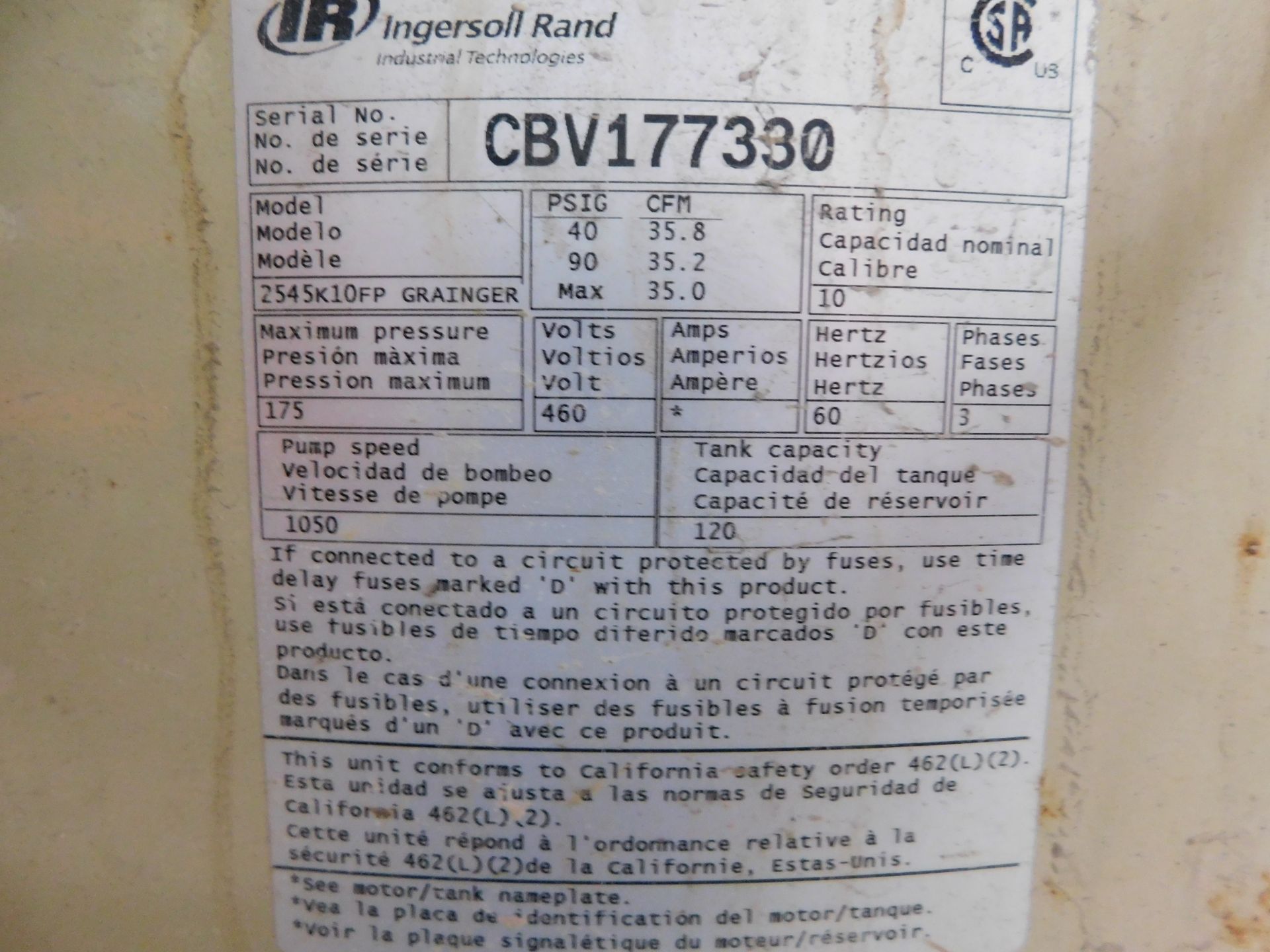 INGERSOLL RAND 2545K10FP GRAINGER AIR COMPRESSOR TANK AND 10 HP MOTOR - Image 6 of 6