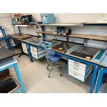 Qty-2 8' ESD Tech Benches w Shelving, Lights & 2 Built-in 5 Drawer Cabinets w Contents