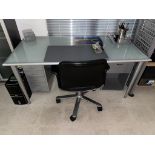 Qty-2 Glass Office Desks, Cabinets Chari & Small Cabinet Located Underneath Desk