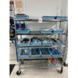 HODGES POST MASTER 5' x 18"6 Shelve Rolling Metal Cart w/ Contents To Include Crimping Tools, Wire