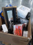 Canadian club mirror, bedding, blower, miscellaneous shoes, MacBook holders, cabling and more