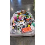 pallet of cleaning supplies, garbage bags, soaps, detergent and more