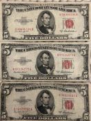 3 1953 $5 Red Seal Notes