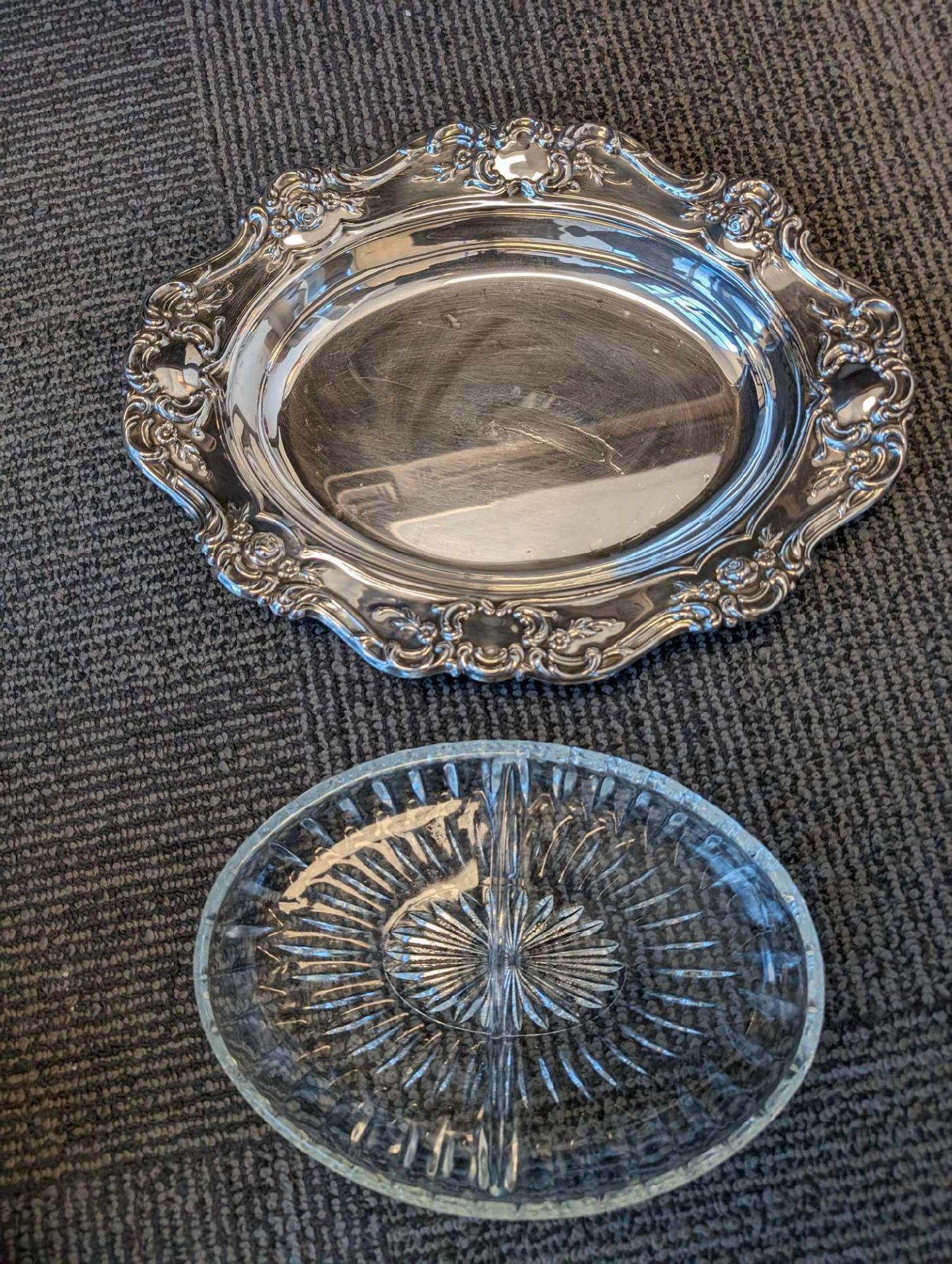 Antique Towle silver plated Oval Serving Tray w/ Glass Relish dish insert - Image 2 of 6