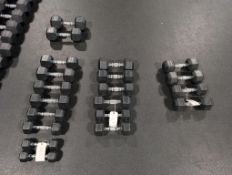 Ten sets of dumbbells. 5lbs to 30lbs misc pairs.