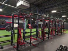 Complete sorenex weight system with four benches. Multiple squat racks pull-up bars, plates, straps,