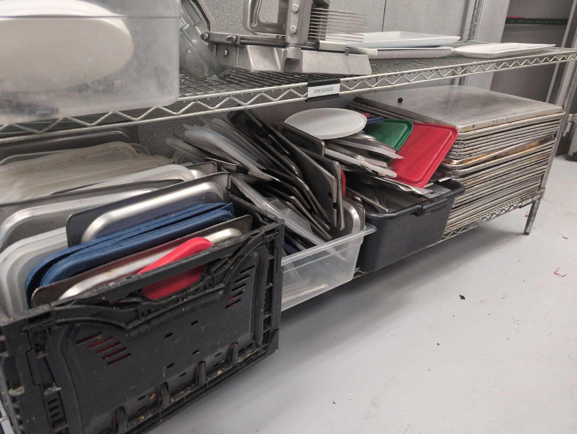 Stainless shelving unit with multiple plastic food containers. Strainers cheese, grater tomato slice - Image 7 of 8