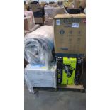 Pallet- Ryobi Mower, Graco Triogrow Snuglock, Rolled mattress, Knewe walker, Intex pool