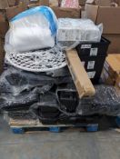 pallet of garbage bins. plastic watertight cases and more cases, basket chair