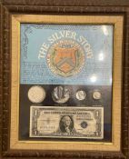 The Silver Story Framed Set: Morgan Silver Dollar, Silver Granules, Silver War Nickel, Silver Dime &