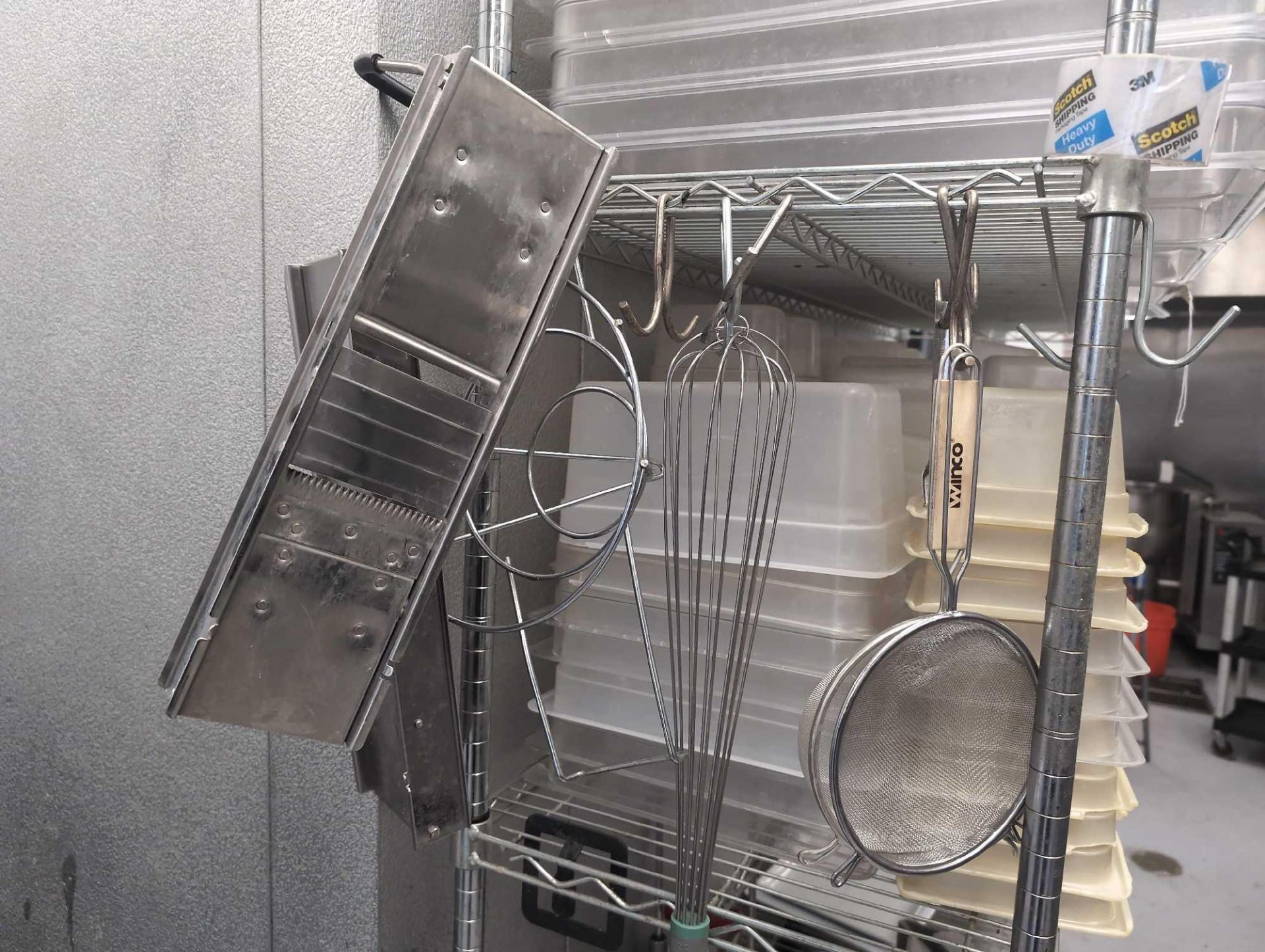 Stainless shelving unit with multiple plastic food containers. Strainers cheese, grater tomato slice - Image 3 of 8