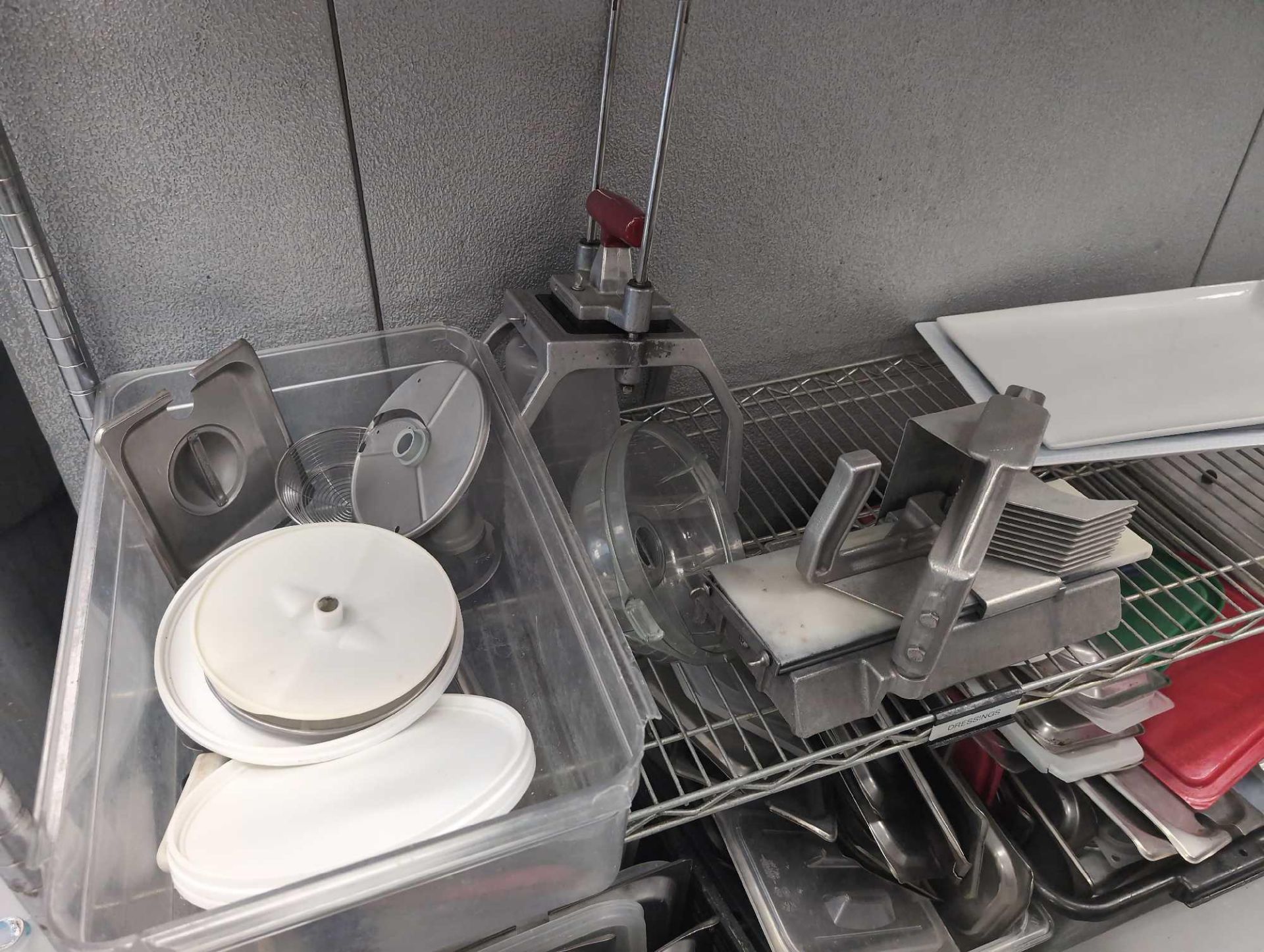 Stainless shelving unit with multiple plastic food containers. Strainers cheese, grater tomato slice - Image 6 of 8