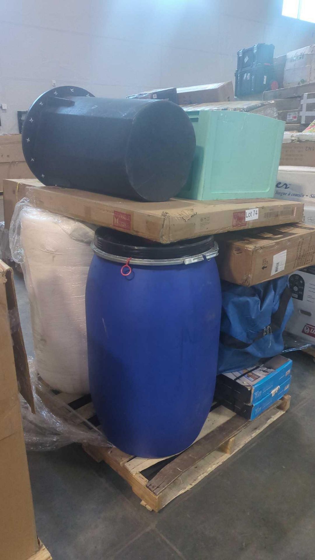 Pallet-Secondary mark slide, barrel, Storage bin, Tv mounts, b24SS, Rolled mattress, inflatable? - Image 2 of 6