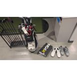 Golf clubs, golf bags, and shoes