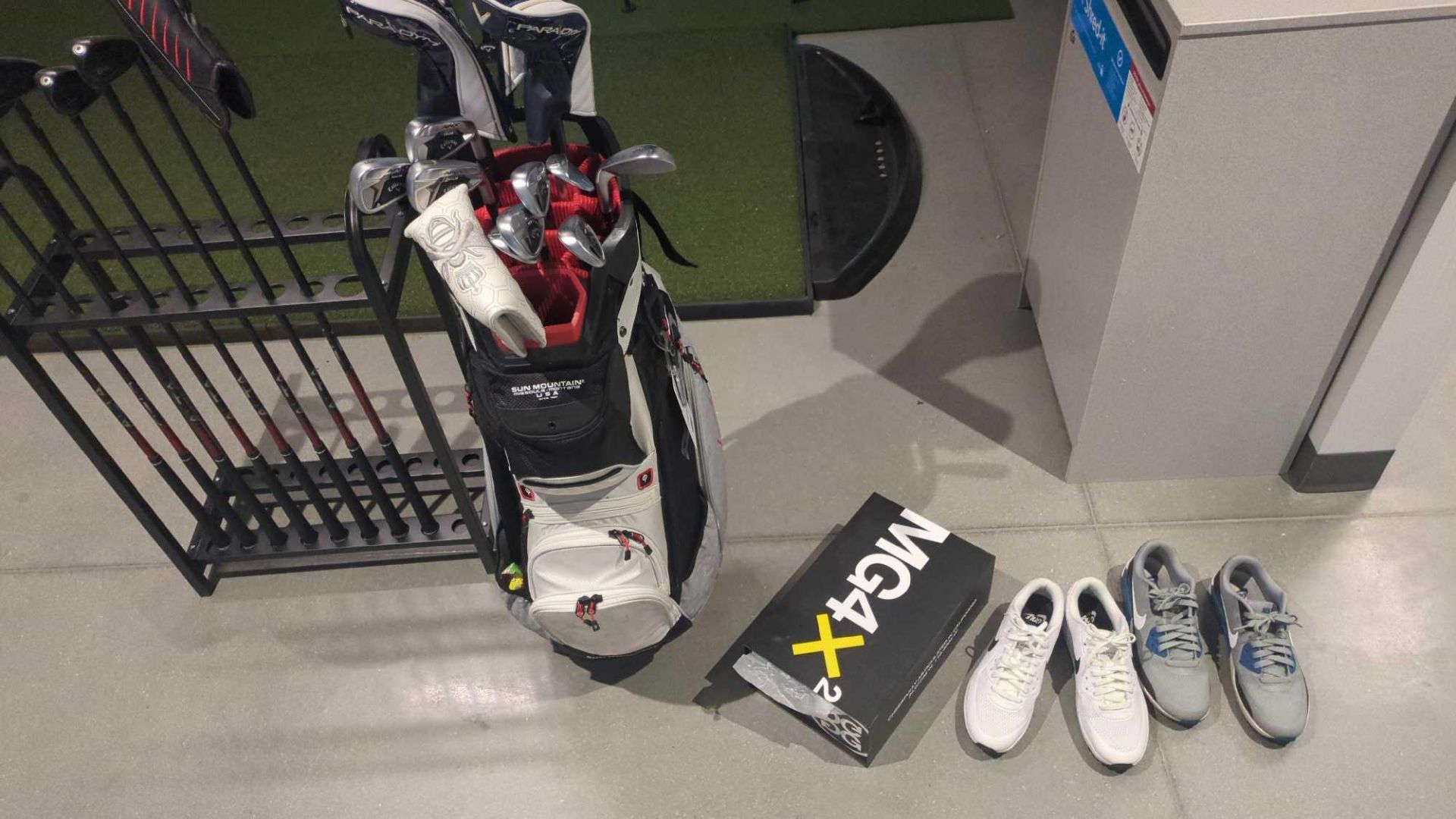 Golf clubs, golf bags, and shoes