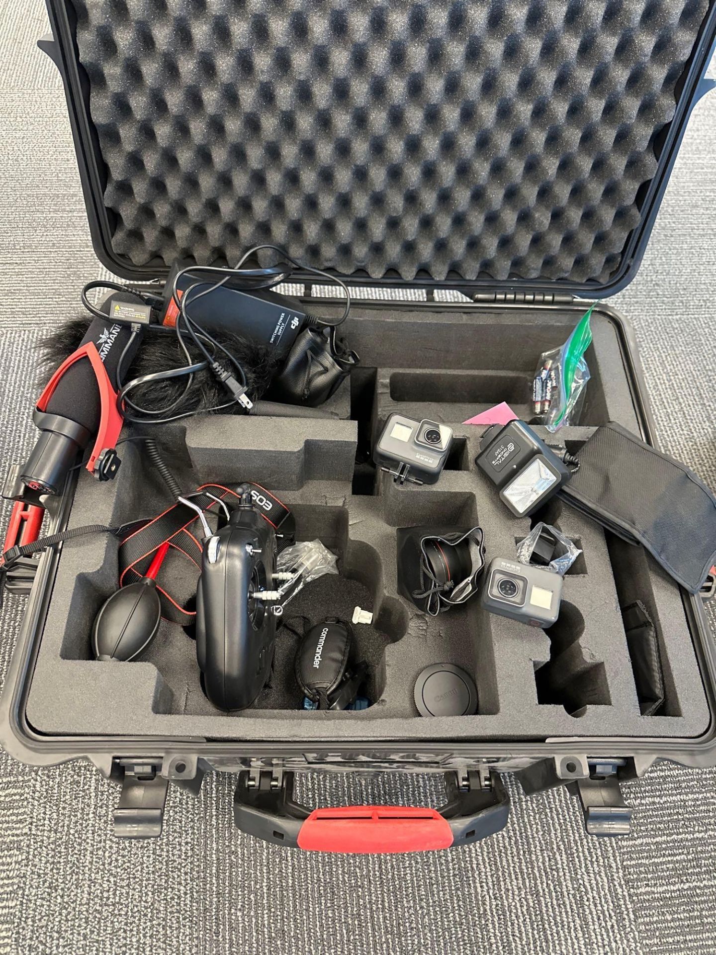 Misc drone pieces, GoPro's, lenses, and case