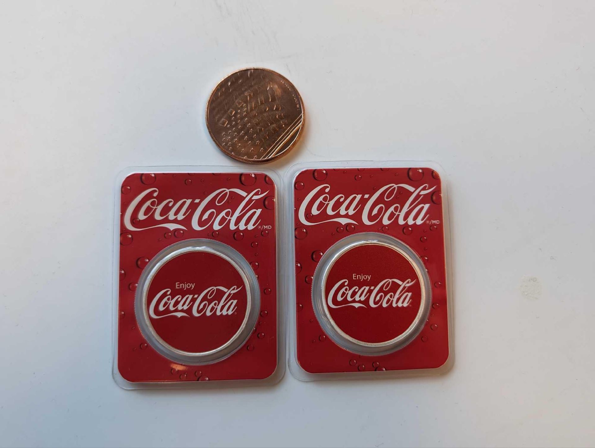 two silver Coca-Cola coins with copper American flag coin - Image 3 of 3