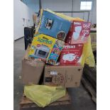 Pallet- Huggies, twinkling deer family, Ninja Speedi, Crockpot, Luggage, Canopy, O cedar mop, Midea