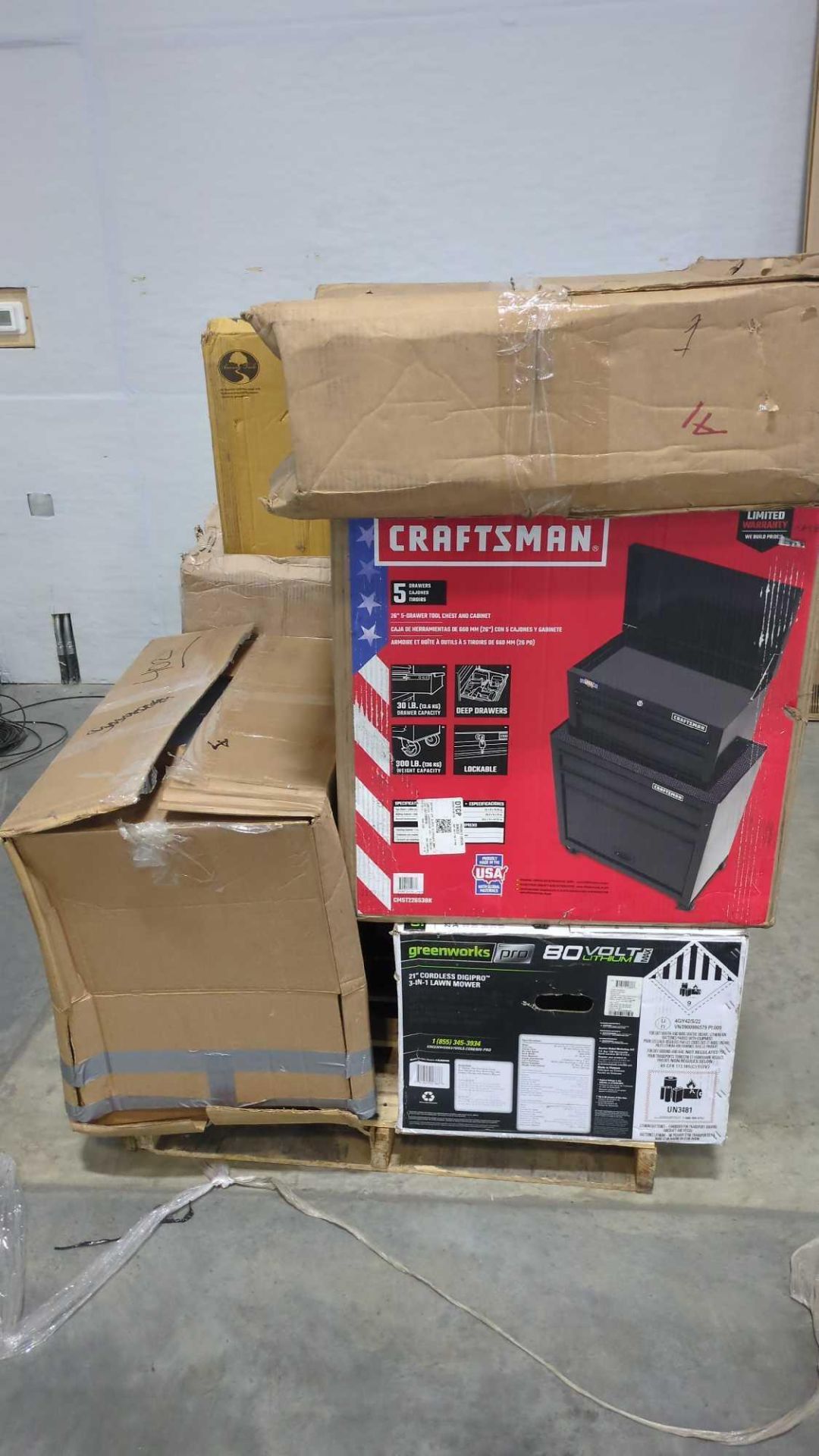 (2) Craftsman 5 drawer, greenworks 21" cordless mower, char griller pro deluxe XL, folding knee, wal