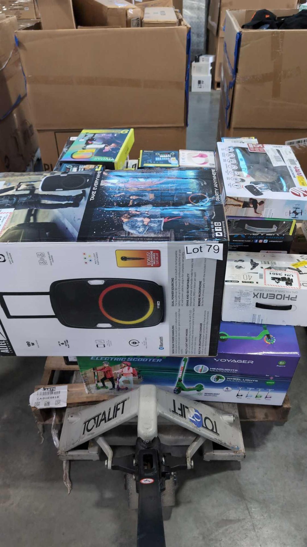 Electric Scooter, Party Speaker, head phones, Drone, Sound mixer, Lights and more, some returns