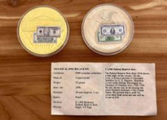 $10 Federal Reserve Note Proof Coin and $1000 Federal Reserve Banknote Proof Coin