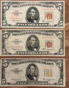 3 $5 Red Seal Notes 1953, 1963 and 20th gram of Gold note