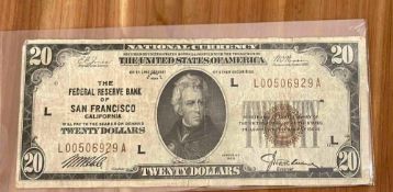 1929 $20 San Francisco Federal Reserve Bank Note (Brown Seal)