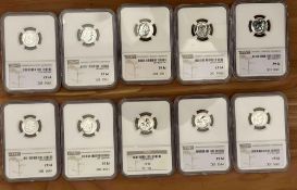 Ten Roosevelt Dime Proof Coins 1955 Thru 1964 NGC PF67, silver