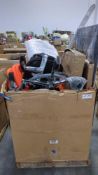 Office chair, orange hose, drainage pipe, metal support, and more