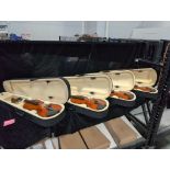 four violins with box