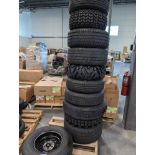 pallet of tires with wheels. multiple sizes and makes