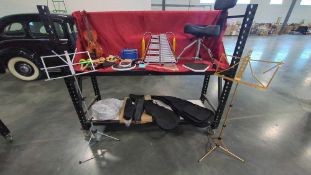 Xylophone, music stands, violins, Percussion items, drum pads, and more