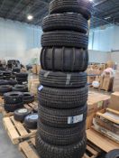 pallet of tires, some with wheels and three matching kumho krugen ht51 tires, off-road, Sand tire an