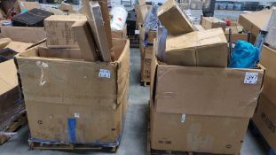 two pallets- Dart cups, Shelving, blinds, armchair, fan, canopy, pans, and more