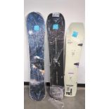 *Three Snowboards: Ride War Pig x-small, Burton Process 157, and Never Summer Snow trooper 160X