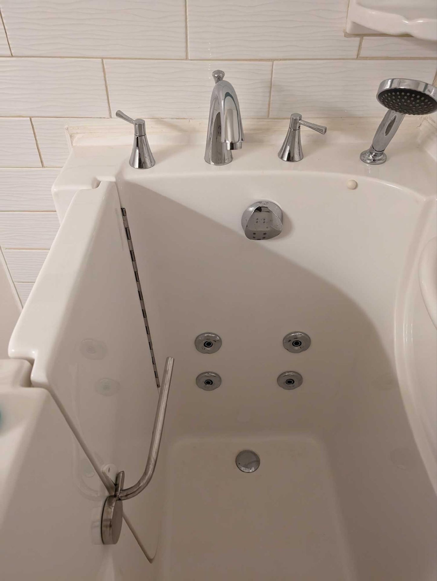 used safe economy 53"" left drain walk-in Whrilpool bathtub w/ jets.  (handheld shower is broken) (w - Image 2 of 5