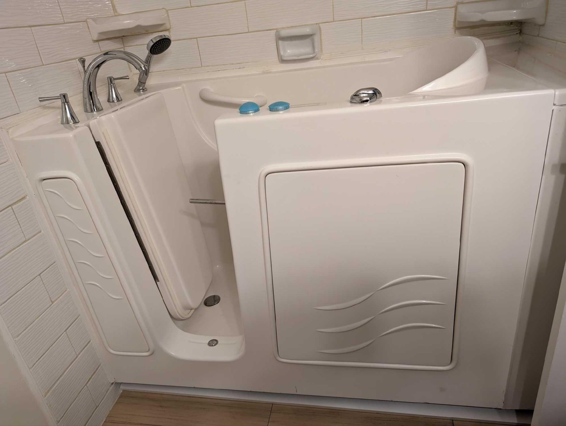 used safe economy 53"" left drain walk-in Whrilpool bathtub w/ jets.  (handheld shower is broken) (w - Image 4 of 5