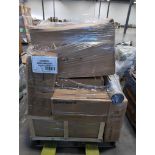 pallet of Hayward product insignia fire TVs multi-purpose big bucket cart with wheels ventilator and