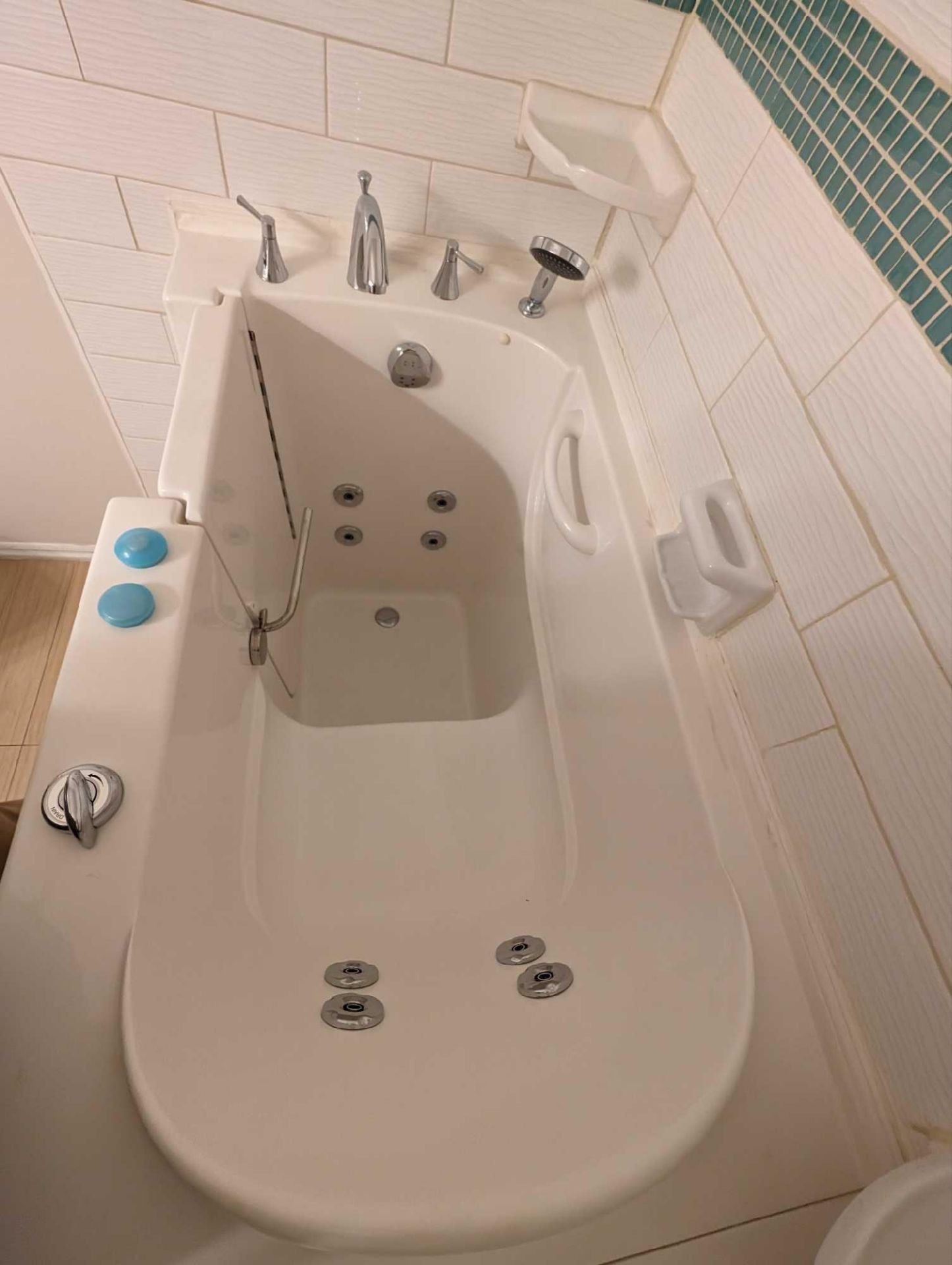 used safe economy 53"" left drain walk-in Whrilpool bathtub w/ jets.  (handheld shower is broken) (w - Image 3 of 5