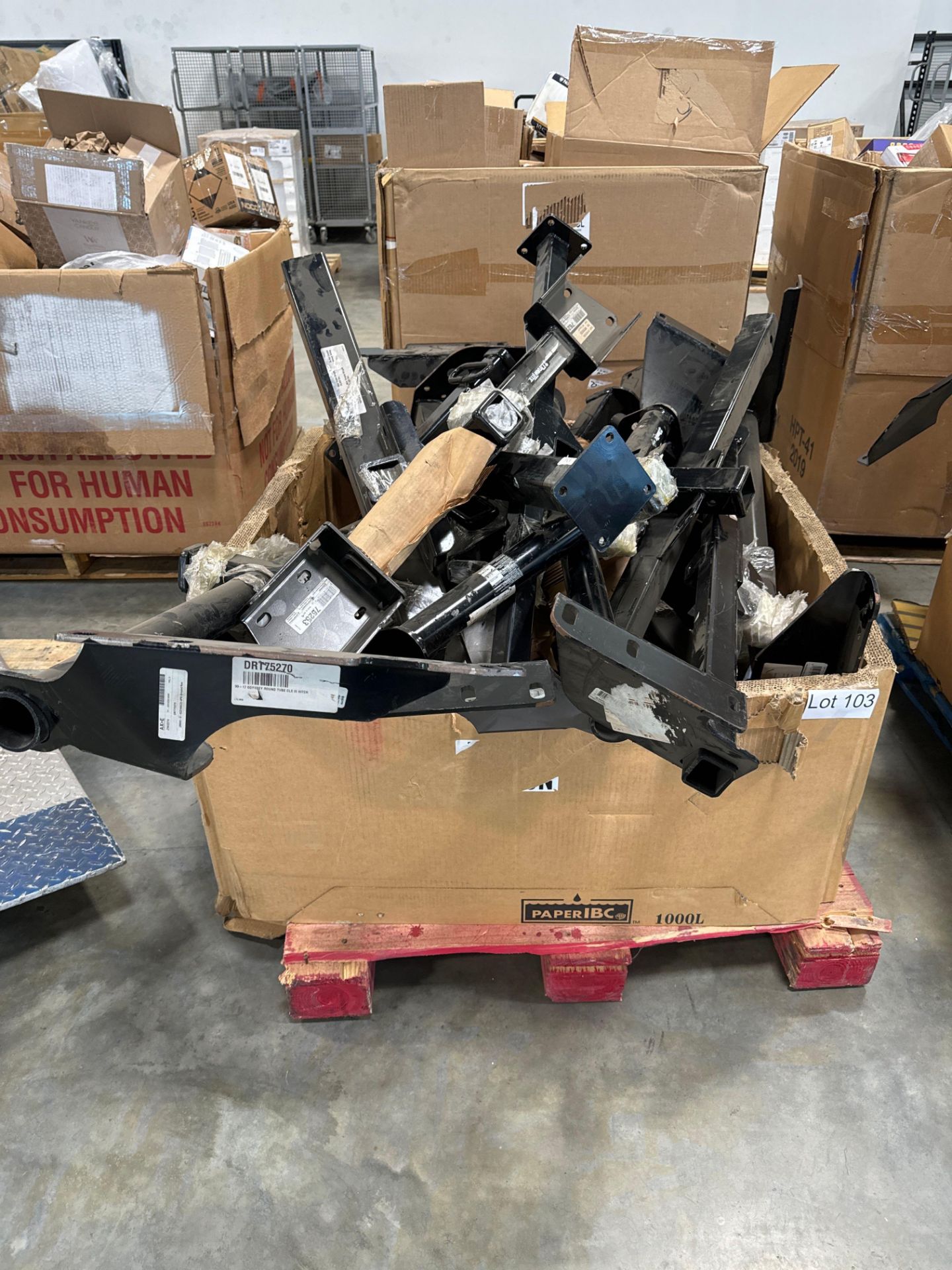 pallet of draw tight towing bars and accessories