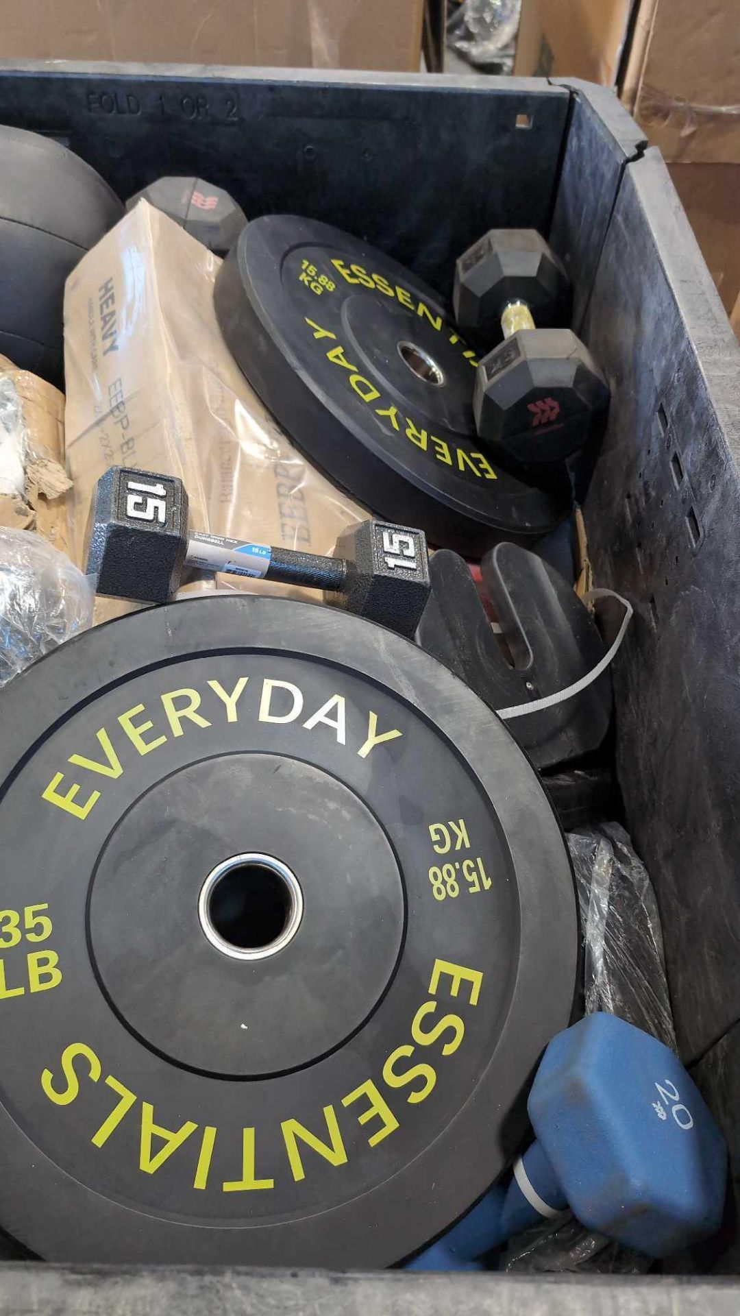 large pallet of weights rubber dumbbell set with rack large plate medicine balls kettlebells and mor - Image 3 of 6