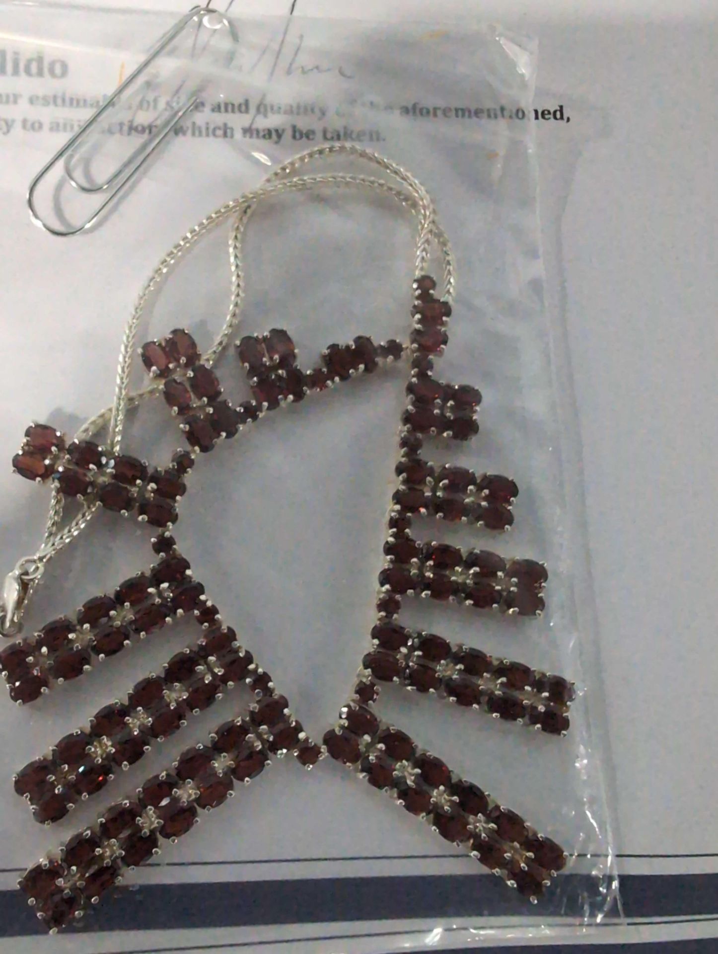 Custome Sterling Silver and garnet station necklace on a 16.5 2mm thick wheat style chain w/ apprais - Image 2 of 2