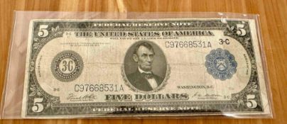 Currency: 1914 $5 Philiadelphia Federal Reserve Note