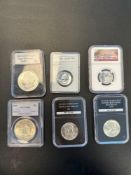 6 Silver Coins in Capsules, Peac Dollar,